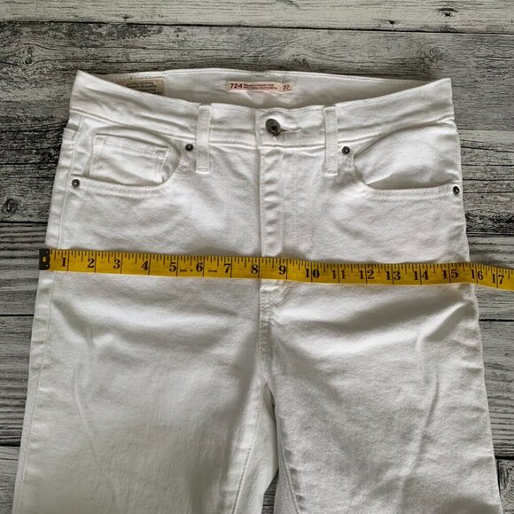 Levi’s 724 High Rise Straight Crop Distressed White Denim Raw Hem Jeans - Picture 12 of 16